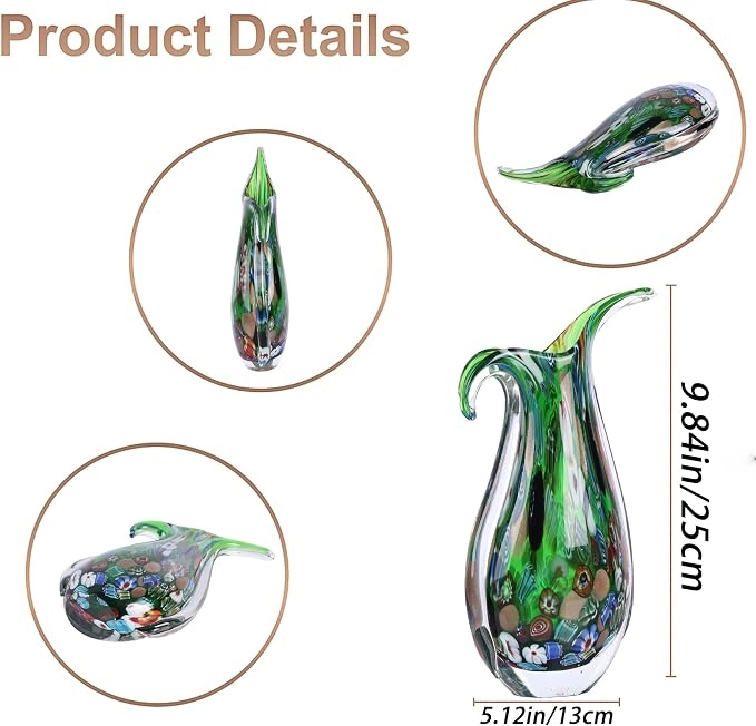 Blown Glass vase, Unique Murano Style Glass Art Deco vase for Living Room TV Stand, Table Setting, Office, Room and Desktop Decorations and Ornaments. - 图片 2