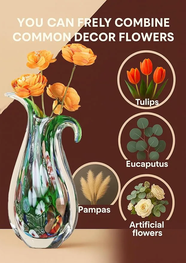 Blown Glass vase, Unique Murano Style Glass Art Deco vase for Living Room TV Stand, Table Setting, Office, Room and Desktop Decorations and Ornaments. - 图片 3