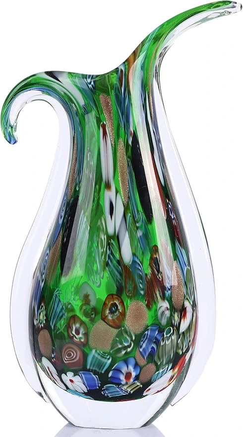 Blown Glass vase, Unique Murano Style Glass Art Deco vase for Living Room TV Stand, Table Setting, Office, Room and Desktop Decorations and Ornaments.
